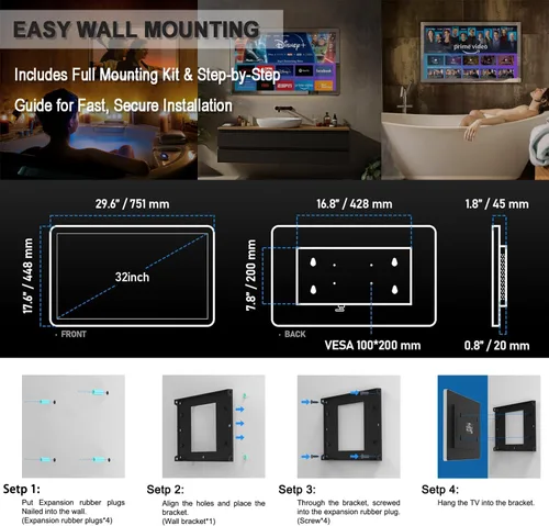Miniatura 7 de Haocrown Espejo de baño inteligente 4K Ultra HD de 32 pulgadas, resistente al agua IP66, asistente de voz integrado con sistema operativo Android 13