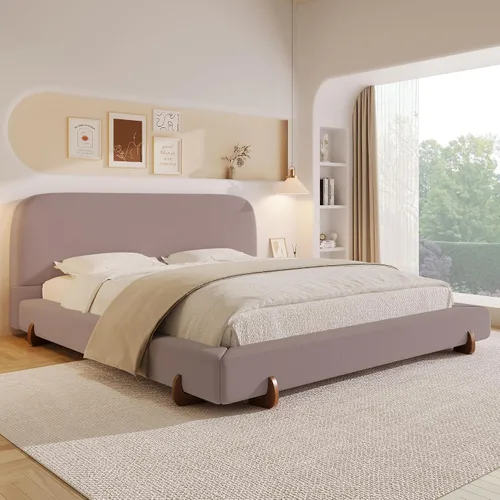 Miniatura 14 de Cama de Plataforma Tapizada con Forma Curva con Cabecera de Forma Curva, Marco de Cama de Madera Tamaño Full para Dormitorio de Niños y Adultos