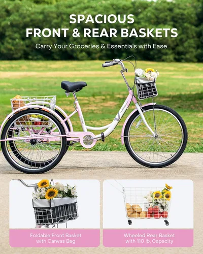 Miniatura 2 de VIRIBUS Triciclos para adultos para mujeres, triciclo de una sola velocidad para adultos con cestas con ruedas desmontables delanteras y traseras