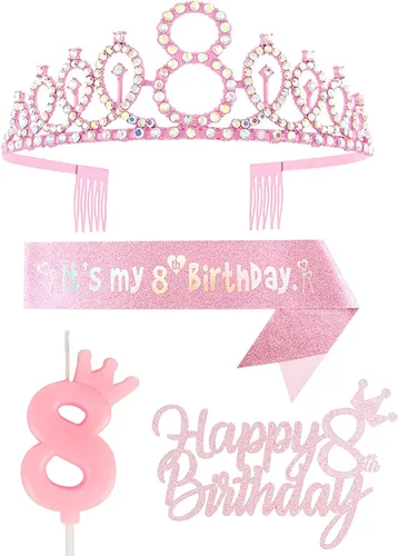 Miniatura 41 de Decoraciones de cumpleaños número 7 para niña, que incluyen corona/tiara de cumpleaños número 7, banda, adorno para pastel de cumpleaños y velas
