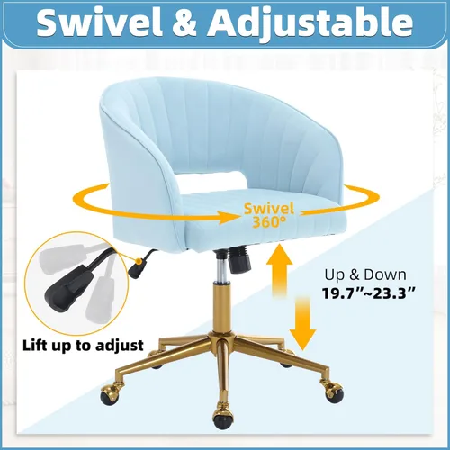Miniatura 22 de ABET Silla de escritorio con ruedas, silla de oficina en casa de terciopelo, silla giratoria con base dorada, sillas acentuadas modernas tapizadas