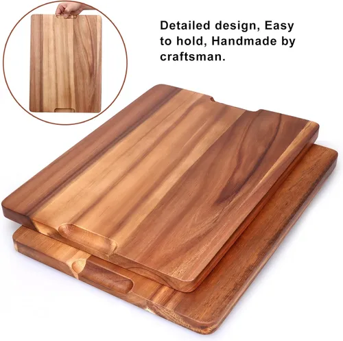 Miniatura 3 de Tabla de cortar de madera de acacia para cocina, tabla de cortar de madera con mango lateral y ranura para jugo, tabla de tallar de 15 x 11