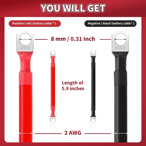 Miniatura 2 de Cable de batería de 2 AWG, 2 unidades, cables de batería de 5.9 pulgadas con terminales de anillo M8, cables de batería marinos de cobre puro, cable