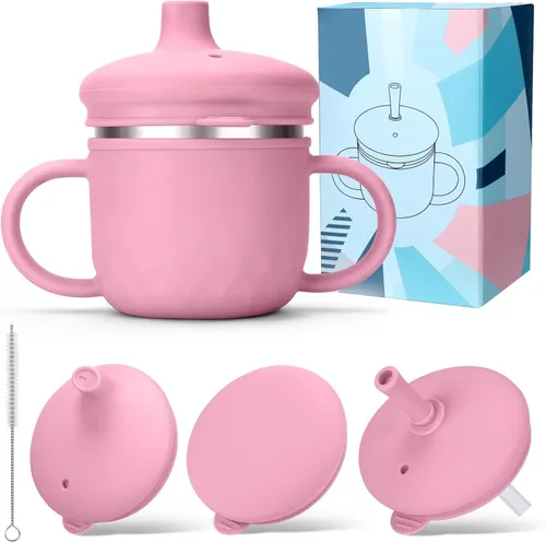 Miniatura 10 de BUSOHA Vasos para sorber de acero inoxidable, 3 en 1 de silicona para niños pequeños, vaso de paja para bebés con cepillo para niños con tapa