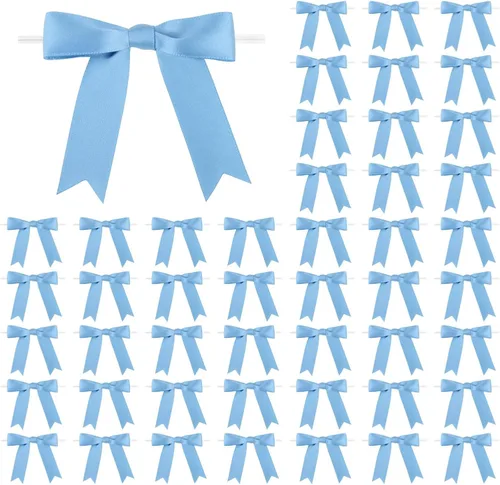 Miniatura 25 de Meseey 50 Piezas Lazos de Cinta de Satén con Alambre de 3 Pulgadas Azul Turquesa Preatados Premade Lazos de Manualidades para Bolsas de Golosinas