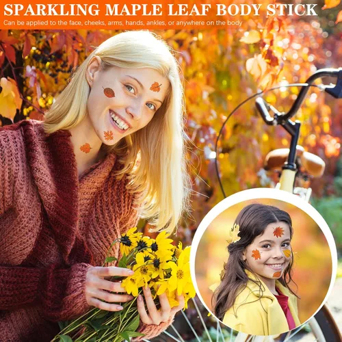 Miniatura 4 de Nosiny 240 tatuajes temporales con purpurina de otoño, calcomanías de hojas de arce, calcomanías de tatuaje de otoño con hojas de otoño, tatuajes