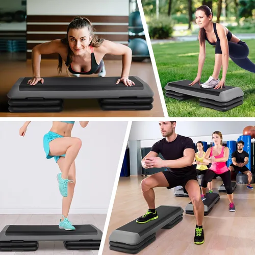 Miniatura 5 de Escalón aeróbico ajustable para entrenamiento, plataforma de ejercicios con 4 elevadores, superficie antideslizante para entrenamiento de gimnasio
