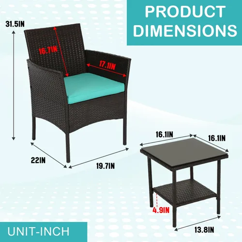 Miniatura 2 de FDW Juego de 3 piezas de muebles de exterior de mimbre marrón para patio, juego de sillas de ratán para bistró, juego de conversación, 2 sillas
