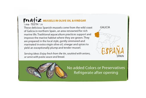 Miniatura 6 de Matiz Mejillones españoles en aceite de oliva virgen extra y vinagre de sidra de manzana 3.92 oz - 1 paquete Hecho a mano en Galicia, España