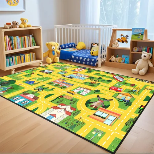 Miniatura 13 de Alfombra de carretera para habitación de niños, alfombra de juego azul para pista de carreras, alfombra de coche para dormitorio, sala