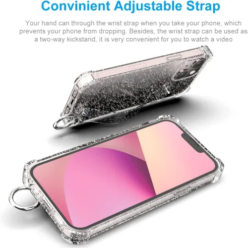 Miniatura 4 de Funda con purpurina con correa de mano compatible con iPhone 13 de 6.1 pulgadas, funda transparente brillante con correa de muñeca ajustable soporte
