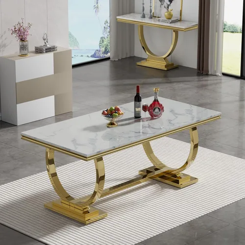 Miniatura 3 de Juego de mesa de comedor de mármol para 4, mesa de cocina rectangular de mármol blanco de 70 pulgadas con base en O de acero inoxidable dorado