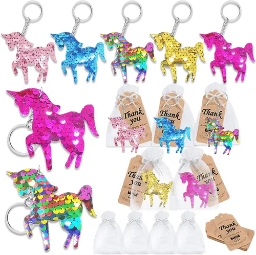 CiciBear Juego de 60 llaveros de lentejuelas de unicornio de doble cubierta con 20 llaveros de unicornio, 20 etiquetas de agradecimiento y 20 bolsas