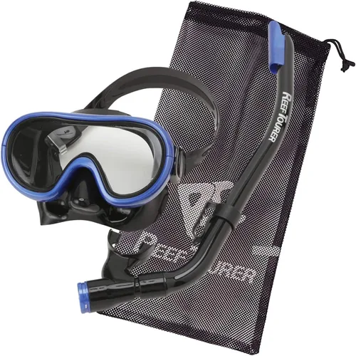 Reef Tourer RC0203 - Juego combinado de máscara y esnórquel para jóvenes, parte superior semiseca, válvula de purga, lente de vidrio templado de