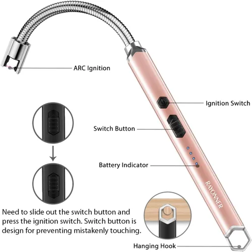 Miniatura 3 de Encendedor de velas eléctrico, cuello largo y flexible, resistente al viento, sin llama, recargable por USB, encendedor de arco de plasma para Oro