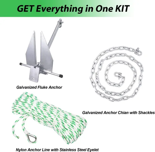 Miniatura 4 de MARINE SYSTEM Kit de anclaje Fluke Anchor con cadena de anclaje y cuerda de anclaje para barcos, pontón, cubierta, pesca y vela