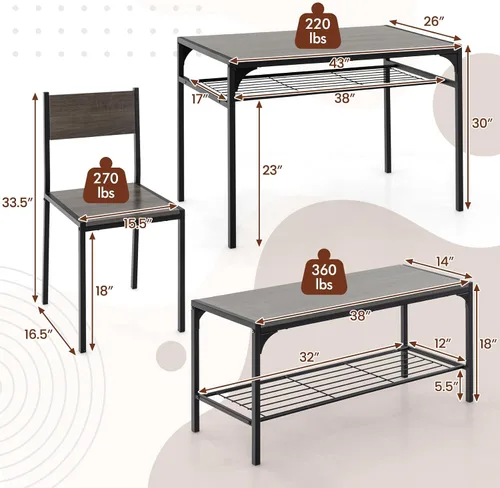 Miniatura 7 de COSTWAY Juego de mesa de comedor de 4 piezas, mesa de cocina y 2 sillas para 4 con banco, estantes de almacenamiento, marco de metal y diseño que