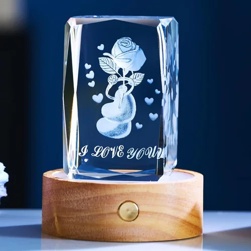 Regalos románticos para él y ella, regalo del día de la madre para esposa, luz nocturna de cristal de amor 3D con base LED multicolor, regalo de