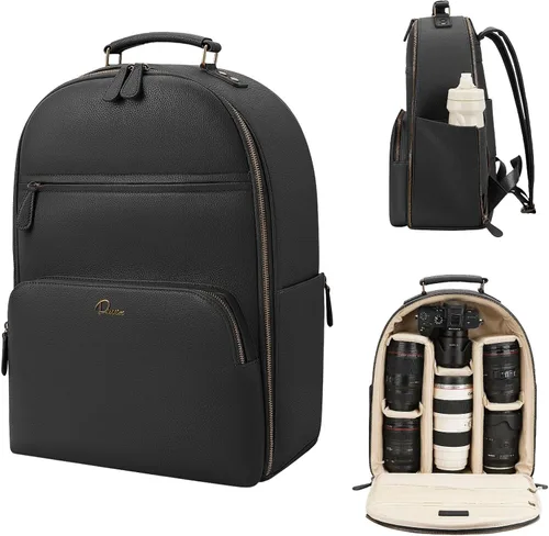 Mochila Clásica para Cámara de Cuero PU para DSLR, Bolsa de Cámara Profesional para Fotógrafos con Compartimento para Laptop de 15 Pulgadas Grande