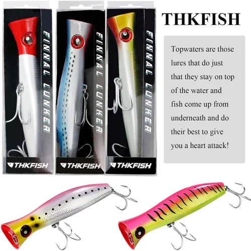 Miniatura 9 de THKFISH Topwater Señuelos de pesca de agua salada GT Popper con 3 ganchos fuertes, pesca de surf, 1 unidad/3 piezas 3 unidades de 3