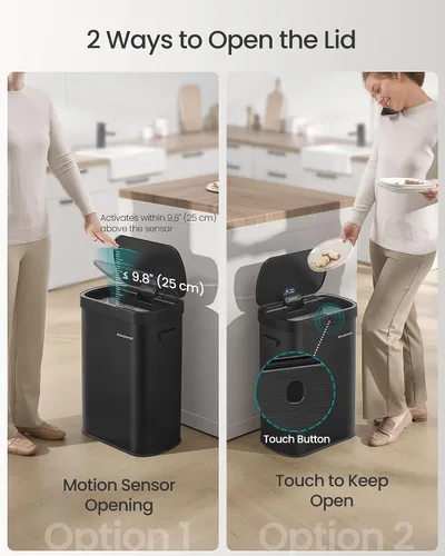 Miniatura 3 de SONGMICS Bote de basura automático con sensor de movimiento, 13 galones (50 L) con tapa de cierre suave, acero inoxidable, onda o táctil para abrir