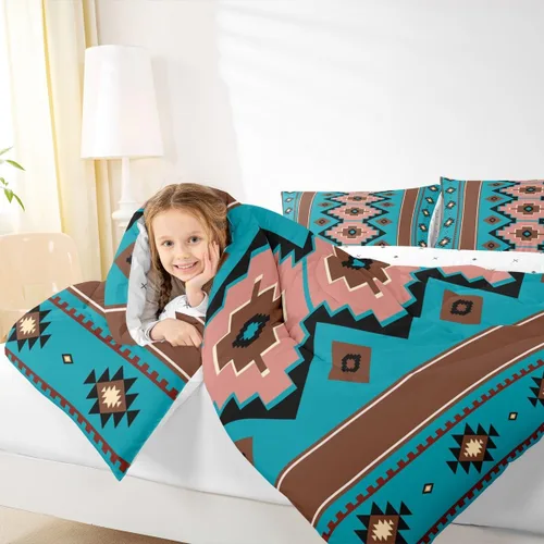 Miniatura 7 de Feelyou Juego de edredón bohemio azteca para niños, tamaño individual, juego de ropa de cama de color marrón verde azulado para niños y niñas