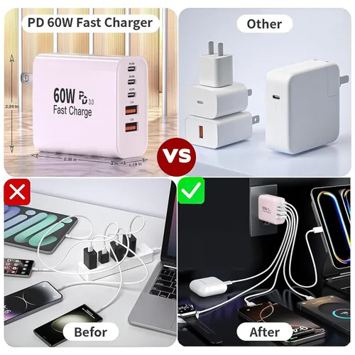 Miniatura 6 de 60W iPhone 17 16 Type C Wall Charger Block,2 Pack Apple Multi Fast Charging Blocks for iPhone,QC&Power Adapter for iPhone 17/17 Air/16e/16Pro