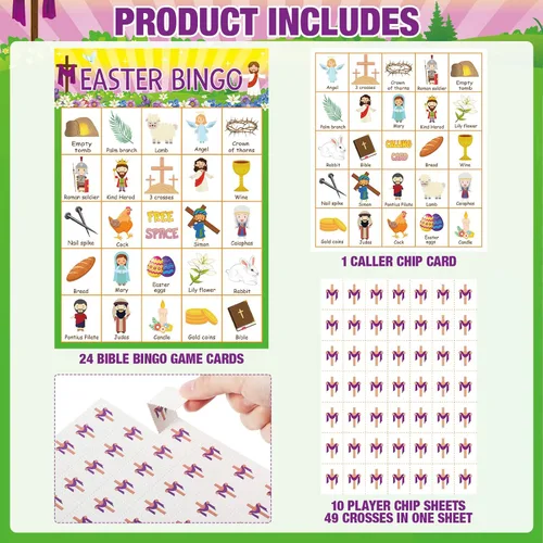 Miniatura 3 de Lewtemi Juego de bingo de Pascua, tarjetas de bingo religiosas con 24 jugadores, juegos para adultos y familia, adolescentes, suministros escolares