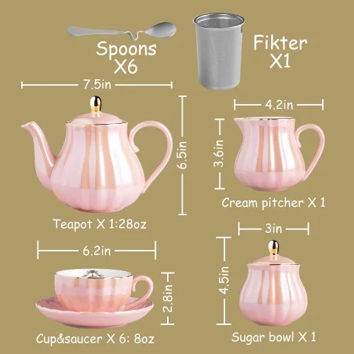 Miniatura 3 de Sweejar Juegos de té de porcelana de la serie British Royal, tazas y platillo de 8 onzas para 6, con tetera, azucarero, jarra de crema, cucharaditas