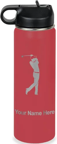 Miniatura 9 de LaserGram Botella de agua personalizada, golfista de golf, acero inoxidable de doble pared aislada al vacío con popote superior, regalo grabado Negro