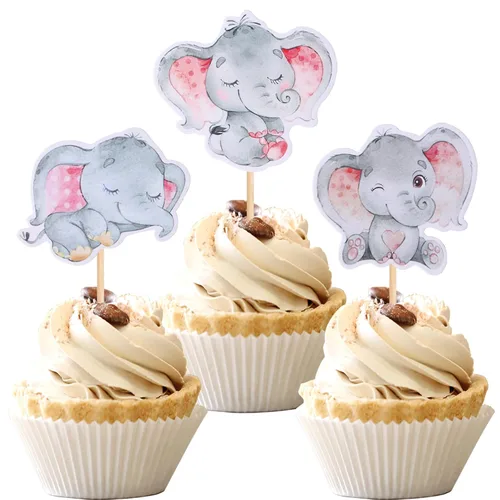 Miniatura 8 de 36 piezas de decoración para cupcakes de elefante rosa con texto en inglés "It's a Girl" para decoración de revelación de género, baby shower