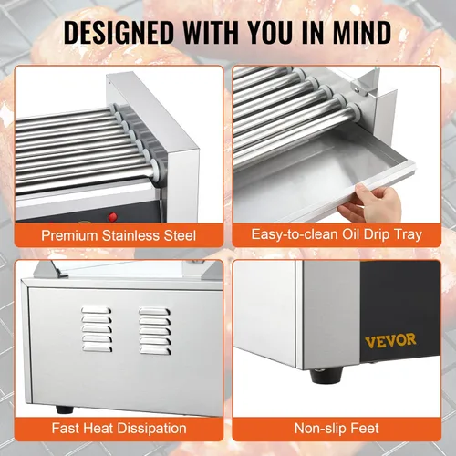 Miniatura 6 de VEVOR - Parrilla de rodillos para hot dogs y salchichas, de acero inoxidable, 1050 W, control doble de temperatura, tapa acrílica, bandeja