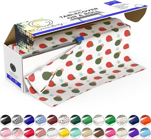 Miniatura 60 de Grandipity Rollo de mantel de plástico, 54 pulgadas x 100 pies, manteles de plástico verde para fiestas, desechables con caja de corte, mantel