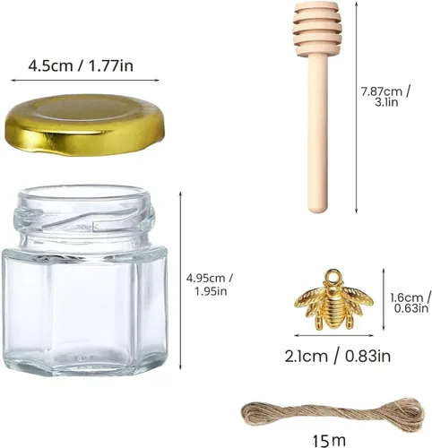 Miniatura 2 de XING-RUIYANG Mini tarros hexagonales de miel de 1.5 onzas, paquete de 30 tarros de miel con tapa dorada, colgantes de abeja, yutes, perfectos