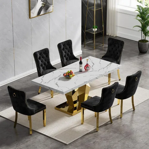 Miniatura 102 de Juego de mesa de comedor de mármol sintético, 7 piezas, juego de mesa de cocina y comedor para 6, mesa de comedor rectangular blanca de 70 pulgadas