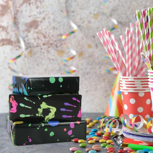 Miniatura 6 de AnyDesign 12 hojas de papel de regalo colorido, no enrollado, 4 diseños, papel de regalo de neón negro plegado plano para fiesta brillante