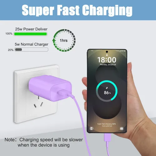 Miniatura 5 de Cable de carga súper rápida de 25W Tipo C con bloque y cable cargador USB C de 10 pies para teléfono Android Samsung Galaxy S25/S24 Púrpura