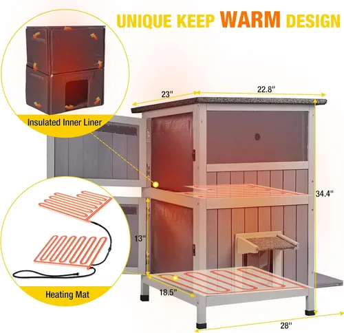 Miniatura 6 de Casa para gatos con calefacción Casa para gatos al aire libre Aislada Refugio para gatos callejeros con almohadilla térmica - Gran condominio