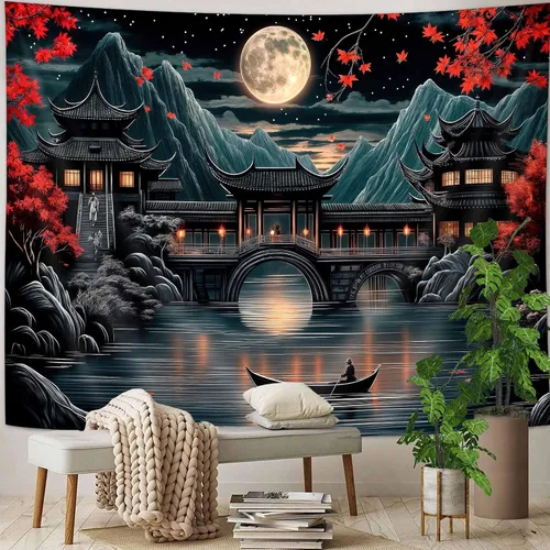 Uokiuki Tapiz de anime japonés, tapiz de luna llena de luna llena de luna llena negro y rojo para colgar en la pared, tapiz estético de paisaje