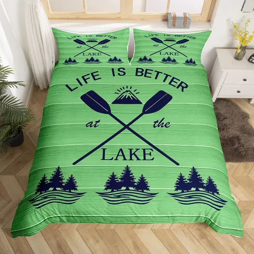 Miniatura 8 de Erosebridal Juego de ropa de cama individual con diseño de peces de lubina, la vida es mejor en el lago, funda de edredón para niños y niñas, funda