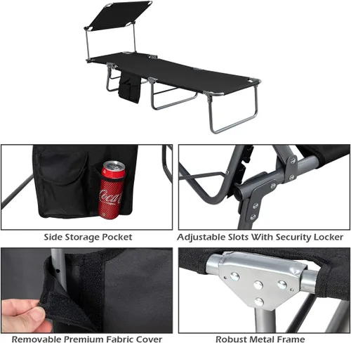 Miniatura 5 de Giantex Silla bronceadora, tumbona de patio con 5 posiciones ajustables, toldo de sombra, bolsillo de almacenamiento, cuna de campamento, sillón