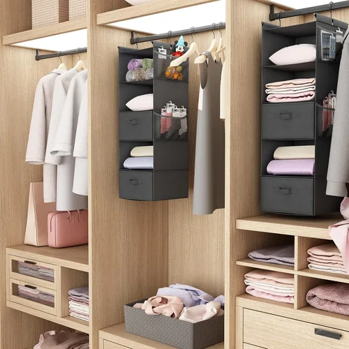 Miniatura 7 de MAX Houser Organizador colgante de armario de 5 niveles, estante colgante de tela con 2 ganchos resistentes para almacenamiento, plegable (gris-D2)