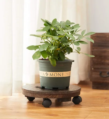 Miniatura 2 de Carrito de madera para plantas, carrito rodante resistente con ruedas giratorias, soporte móvil para macetas, estante redondo para plantas