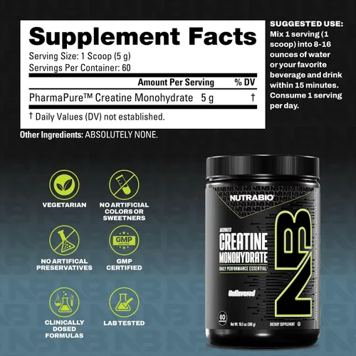 Miniatura 2 de NutraBio Suplemento en polvo de monohidrato de creatina micronizada pura, sin sabor, (10.58 oz) – Apoya la energía para el desarrollo muscular