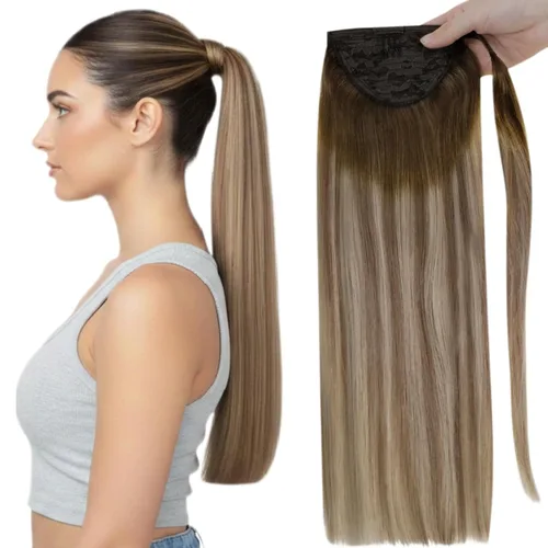 Miniatura 25 de Full Shine - Extensión de cola de caballo con clip, color marrón oscuro con mechas rubio miel, extensión de cabello humano real para mujeres, 14