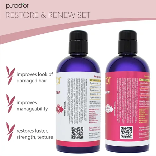 Miniatura 4 de PURA D'OR Restore & Renew Set de champú y acondicionador para cabello fuerte, saludable y nutrido con aloe vera orgánico, romero, espino amarillo
