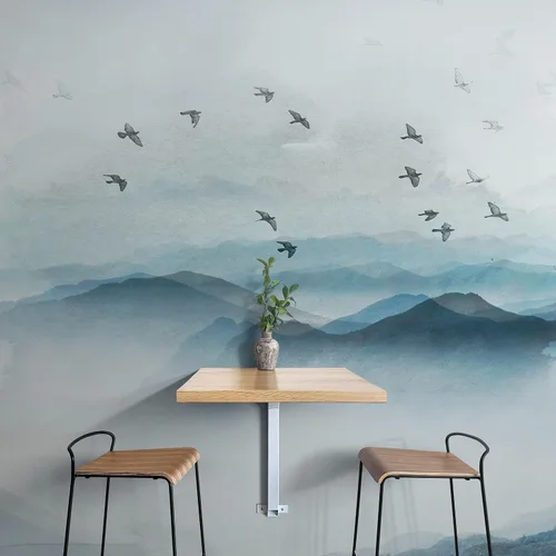 Miniatura 3 de Papel tapiz para guardería. Papel tapiz de pájaros que vuelan sobre la montaña. Papel tapiz removible, pintura de acuarela de vista de montaña.