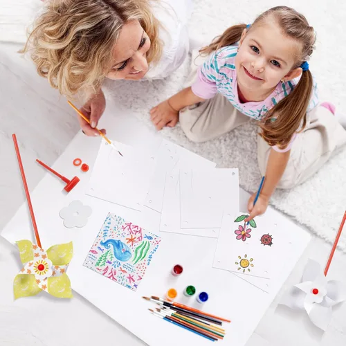 Miniatura 4 de Simgoing 200 molinetes de bricolaje para niños, papel de recuerdo de fiesta, kits de manualidades de verano, molinetes blancos a granel
