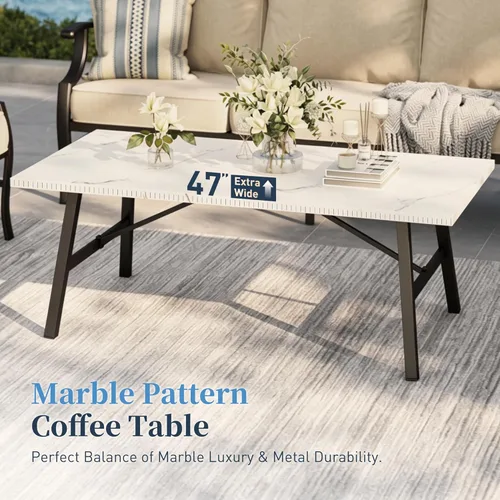Miniatura 7 de SUNSHINE VALLEY Juego de muebles de patio, 4 piezas de muebles modernos de metal para exteriores, sofá de 3 plazas, 2 sillas mecedoras, mesa