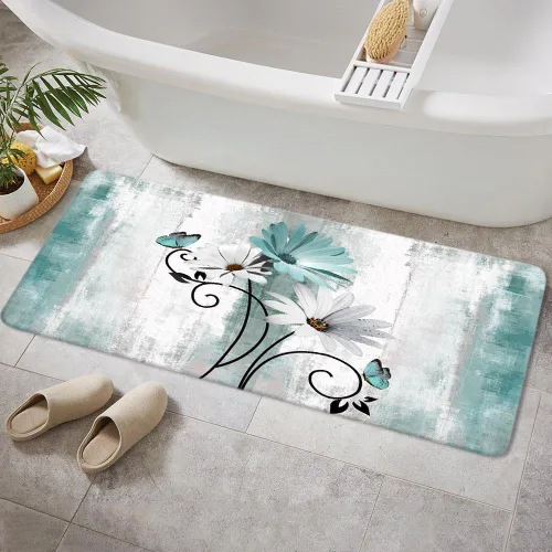Miniatura 17 de Alfombra de Baño Rústica de Granja, Alfombra de Baño de Madera de Campo con Flores de Margaritas Moradas, Mariposas y Estilo Campestre, Alfombra
